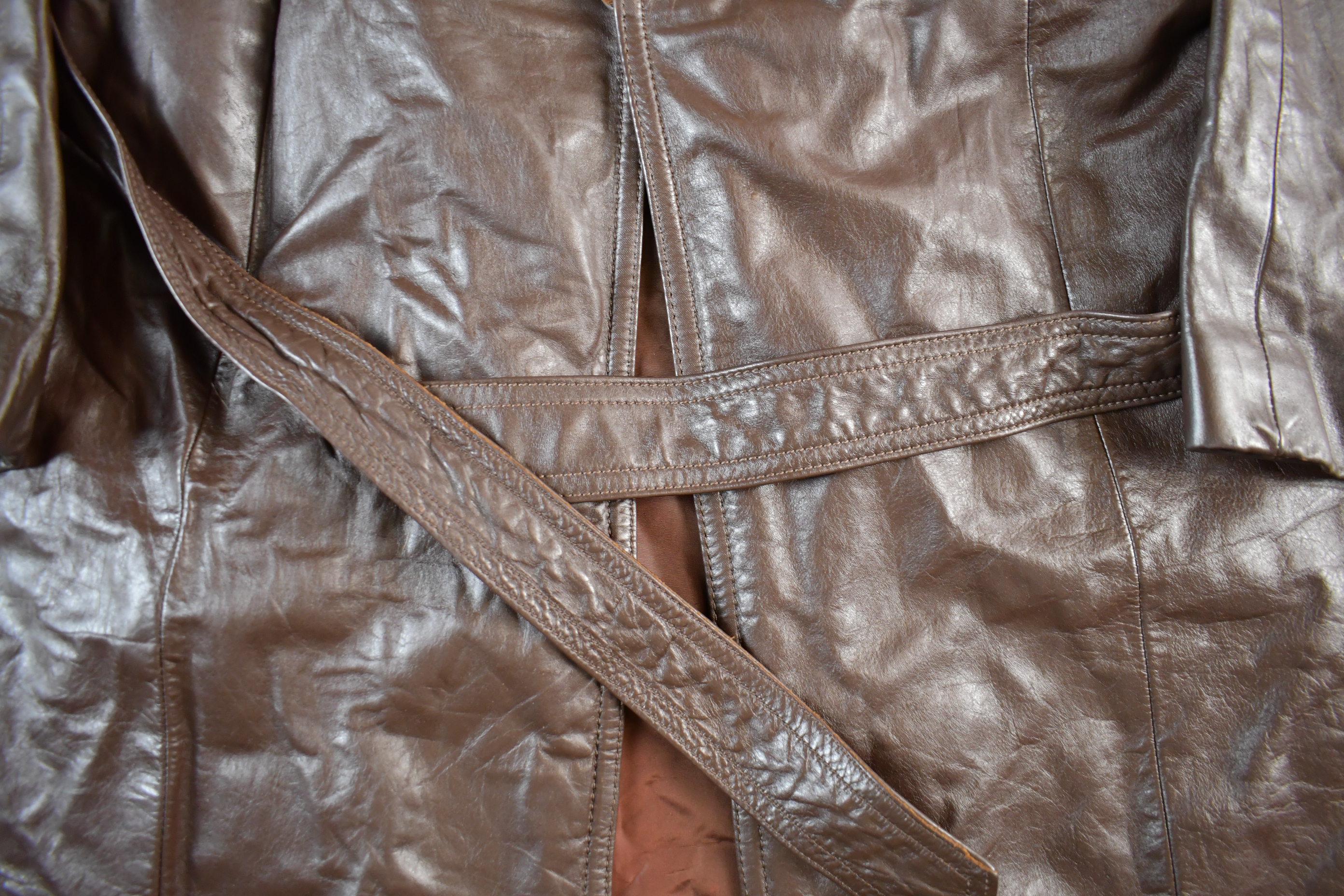 Vintage 1980s Leather Fur Collar Full Length Jacket Women's S