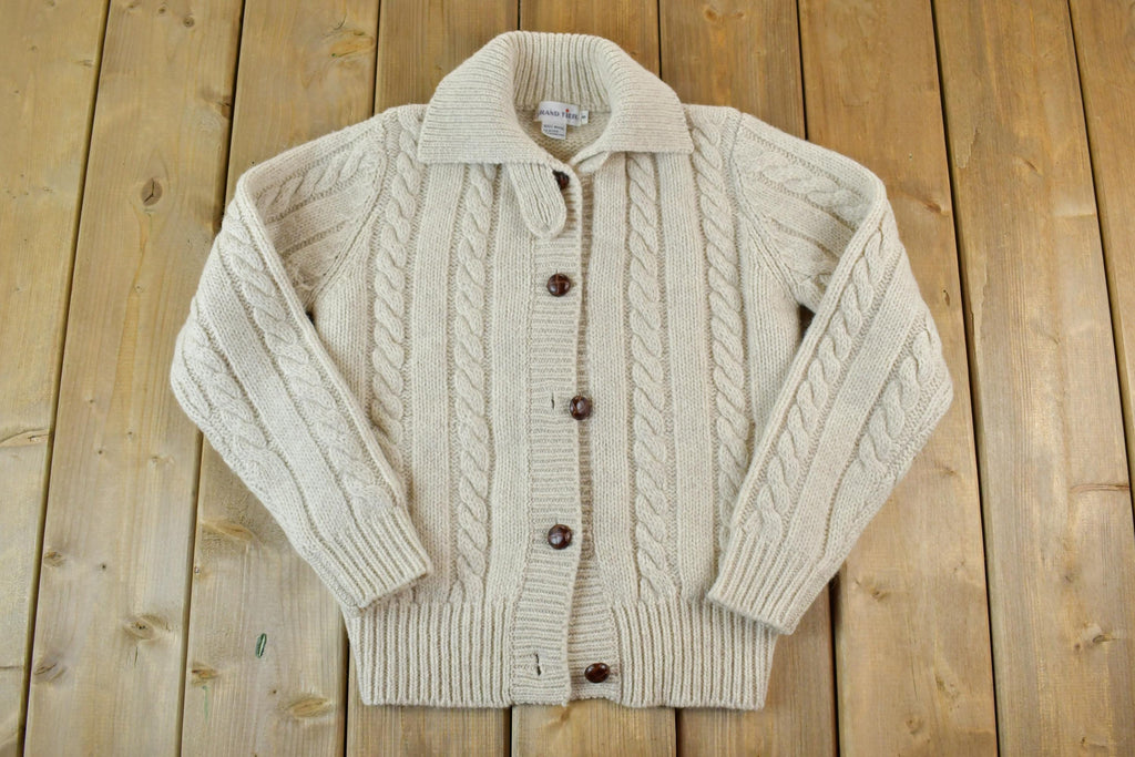 Vintage 1990s Grand Tier 100% Wool Button Up Cable Knit Crewneck Sweater