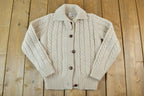 Vintage 1990s Grand Tier 100% Wool Button Up Cable Knit Crewneck Sweater