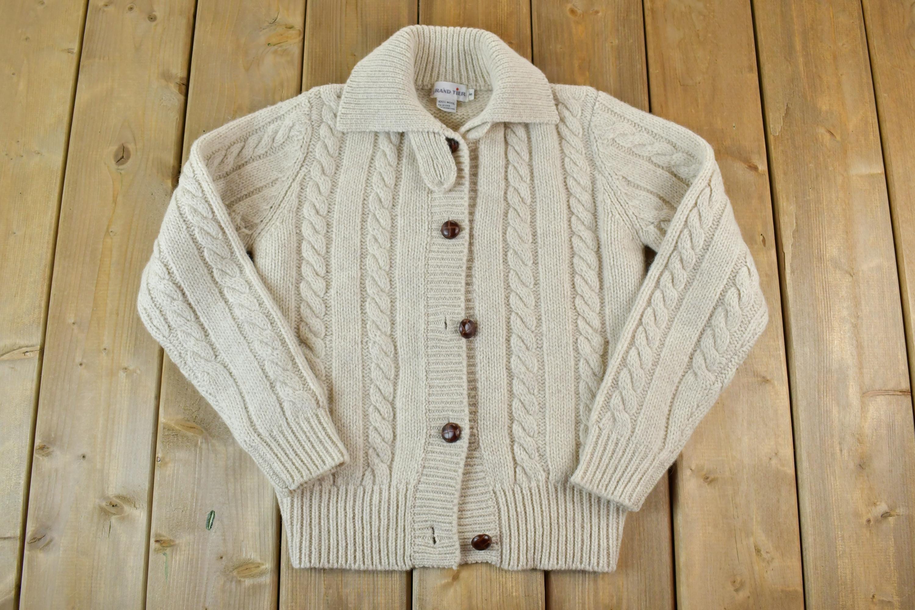 Vintage 1990s Grand Tier 100% Wool Button Up Cable Knit Crewneck Sweater