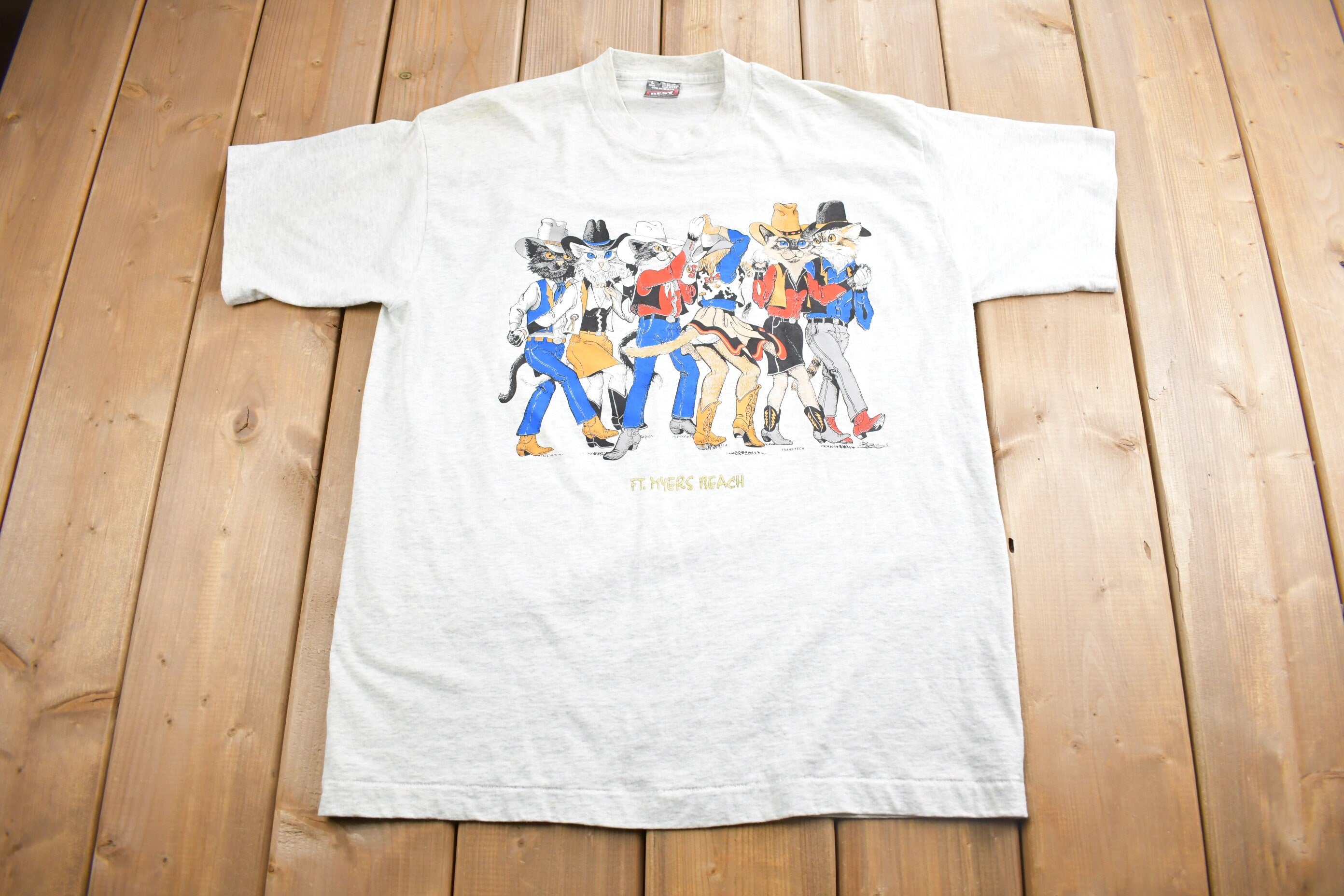Vintage 1990s Ft Myers Beach Cat Graphic Souvenir T Shirt