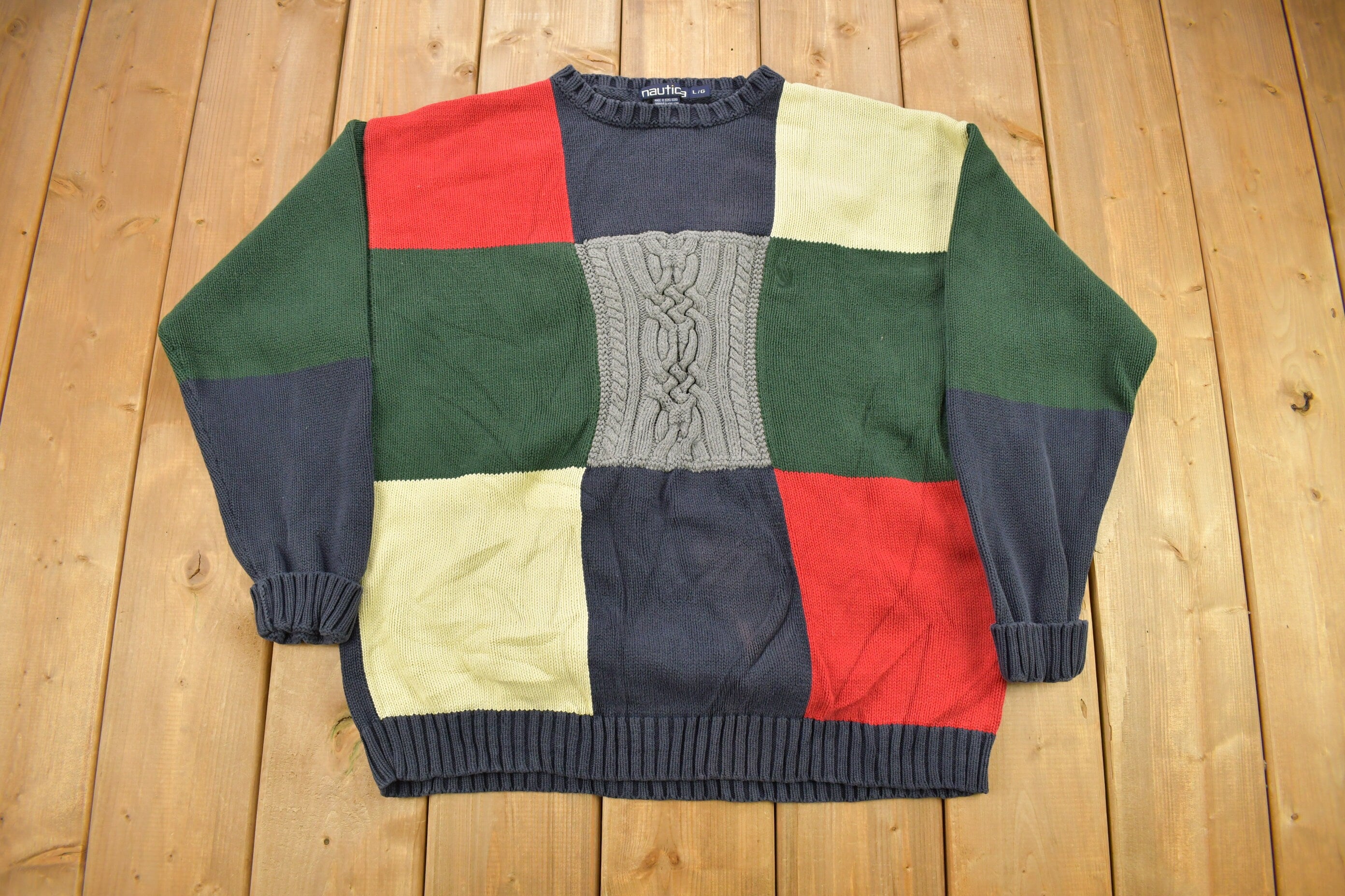 Vintage 1990s Nautica 3D Cable Knit Crewneck Sweater / Vintage 90s Crewneck / Color Block Pattern / / Streetwear / Colorful