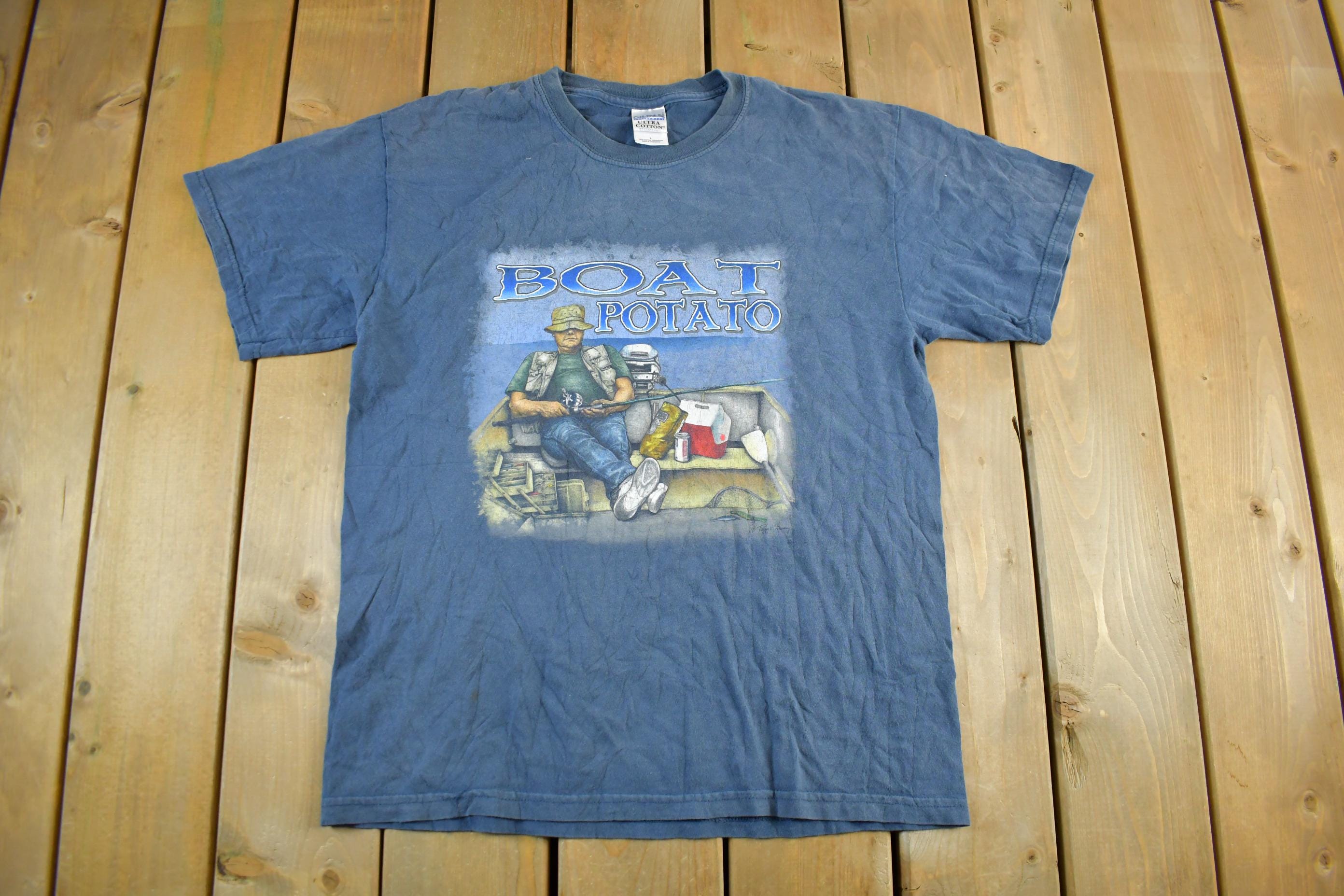 Vintage 1990s Boat Potato Fishing Graphic Fisherman T-Shirt Men's Large