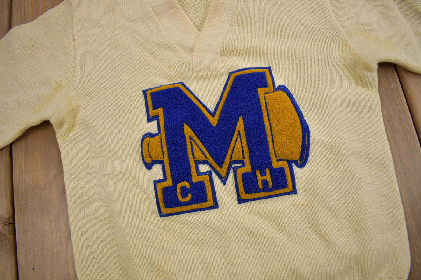 Vintage 1950s 100% Wool Collegiate Varsity Style Knit Sweater / "MCH" / True Vintage / Made In USA / Hunt's Athletic Goods Co