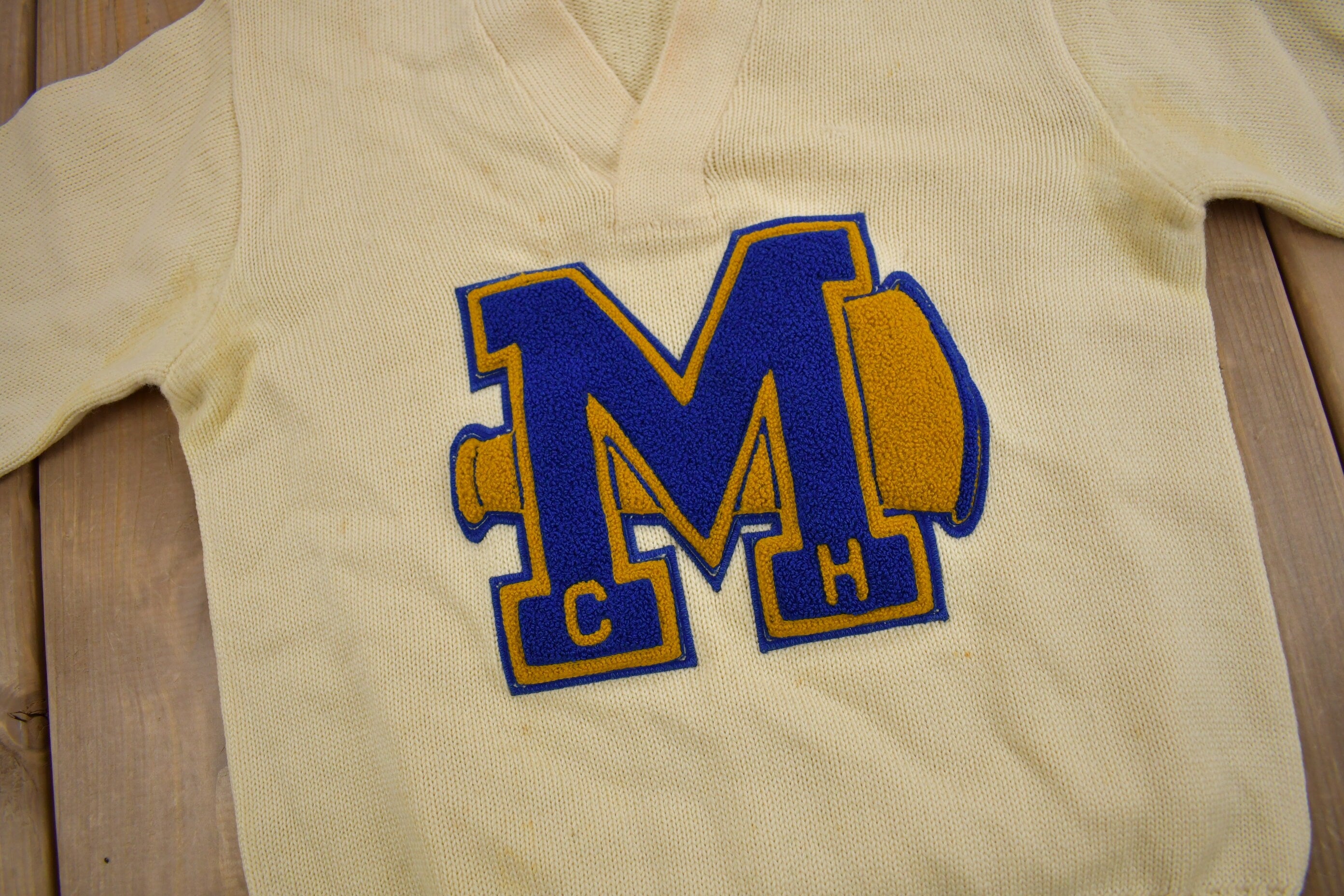 Vintage 1950s 100% Wool Collegiate Varsity Style Knit Sweater "MCH" True Vintage