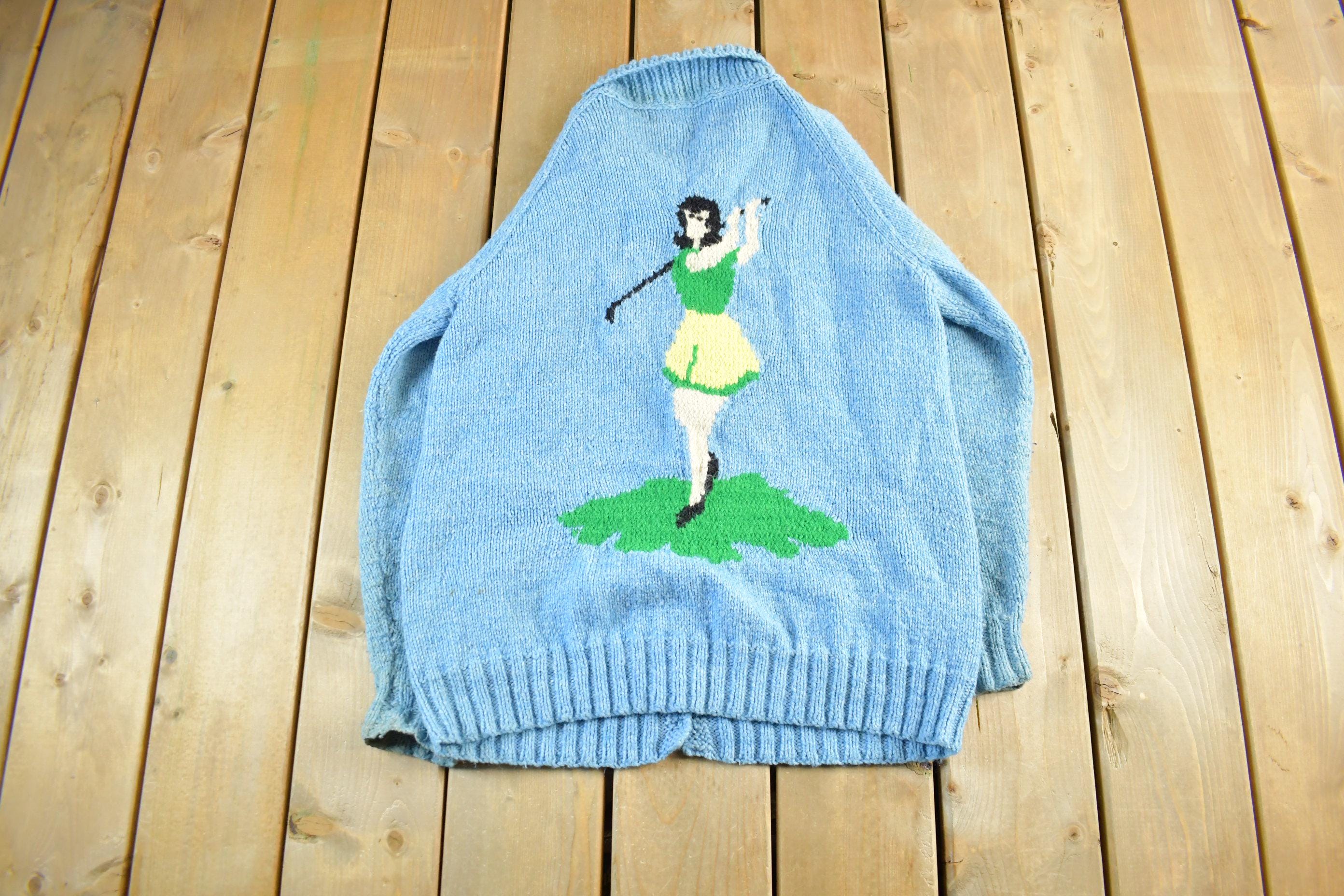 Vintage 1950s Hand Knit Golf Knit Cardigan Sweater Women's M-L