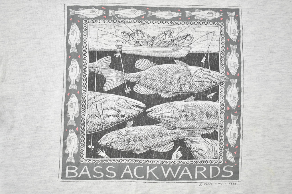 Vintage 1988 Bass Ackwards Fish Ray Troll Graphic T-Shirt