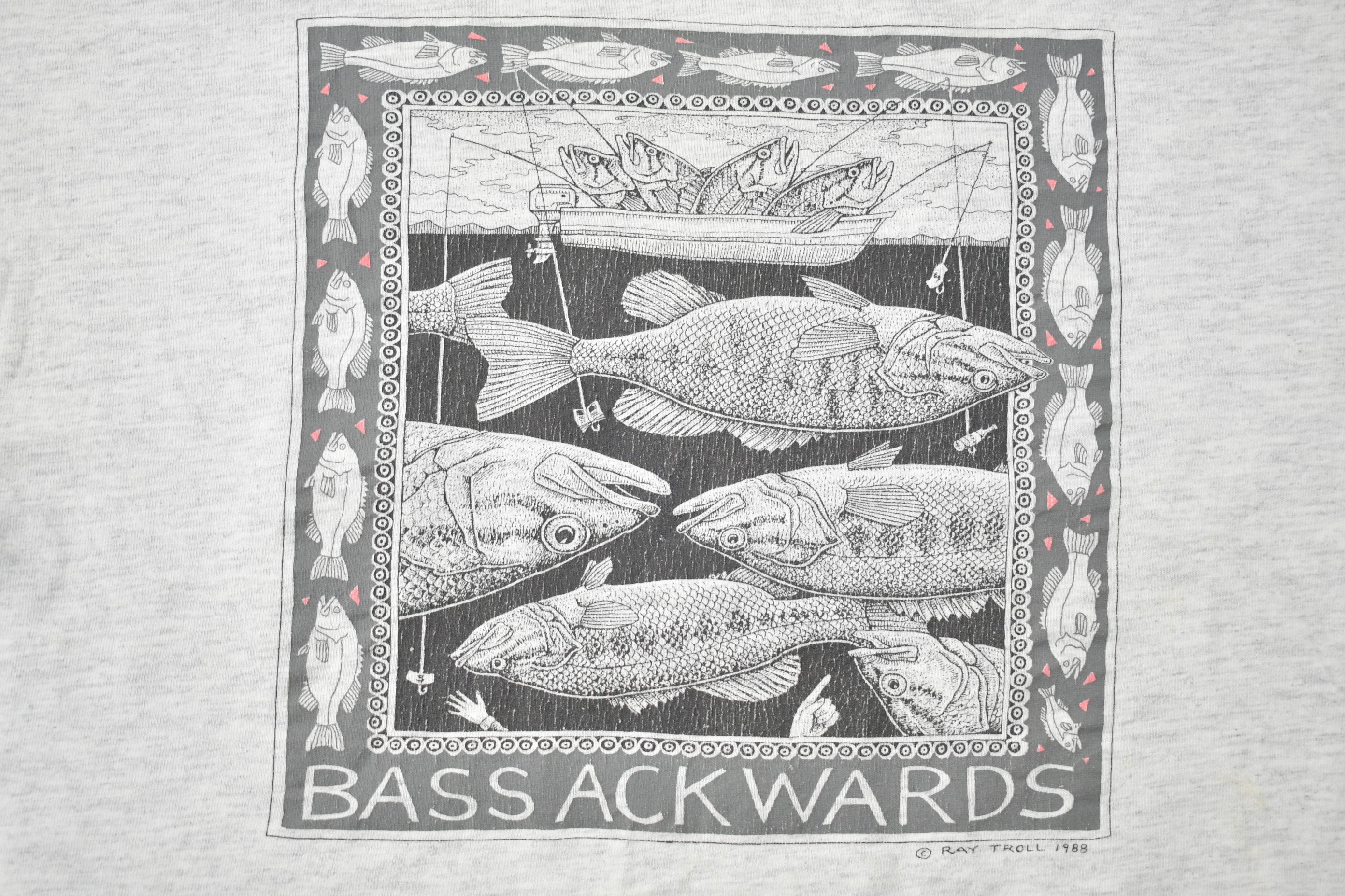 Vintage 1988 Bass Ackwards Fish Ray Troll Graphic T-Shirt