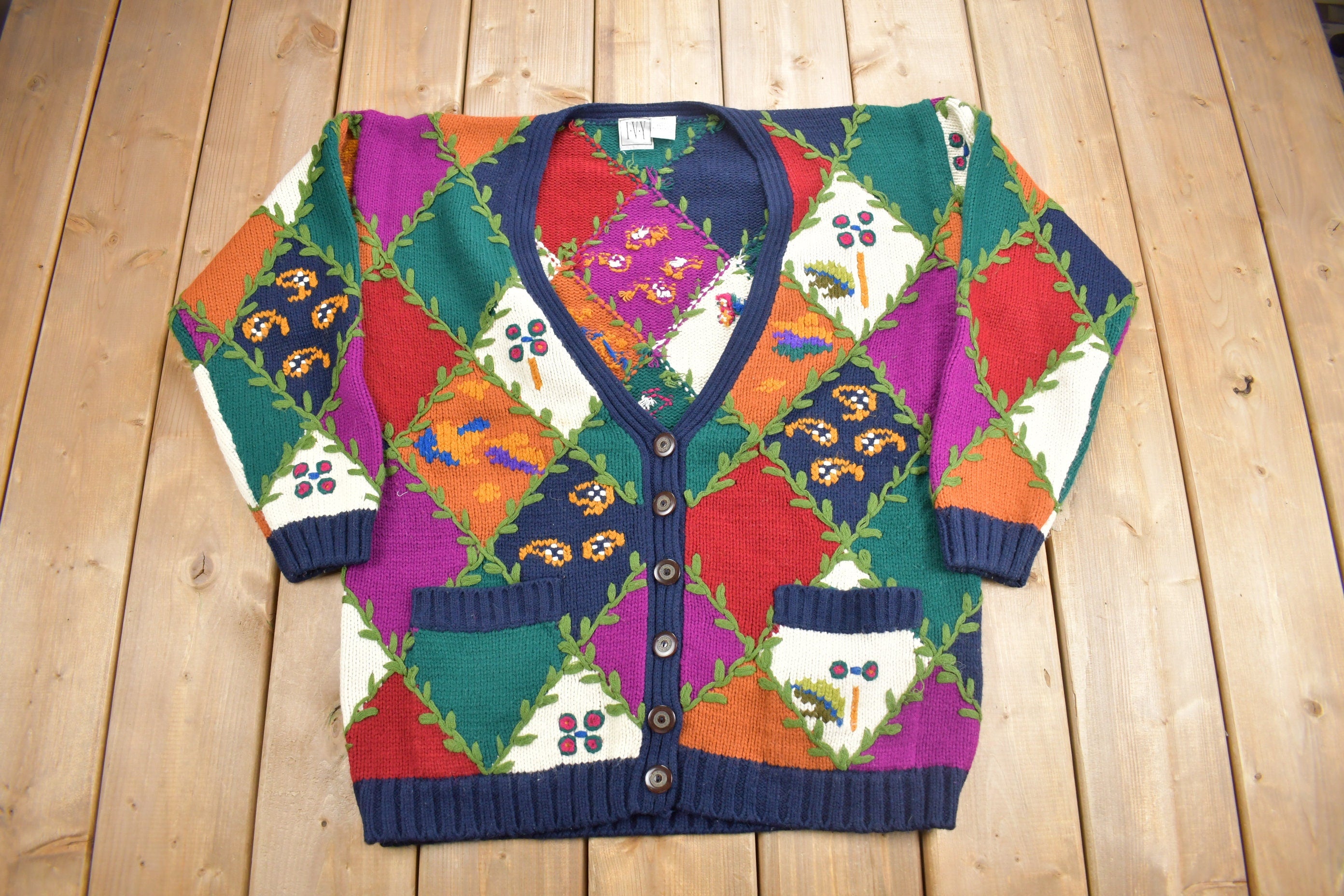 Vintage 1990s IVY Argyle Patchwork Knit Cardigan Sweater Ivy Themed