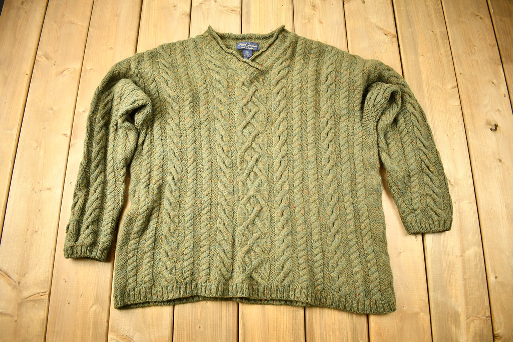 Vintage 1990s Paul James 100% Wool 3D Cable Knit V-Neck Sweater