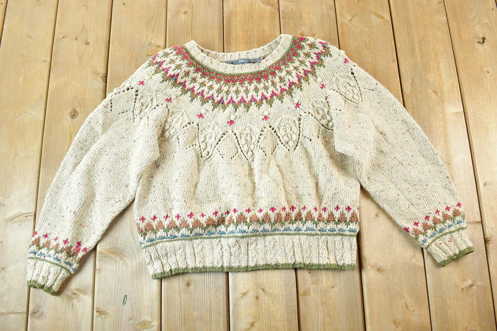 Vintage 1990s Liz Wear Petite Knitted By Hand Abstract Pattern Crewneck Sweater Womens M