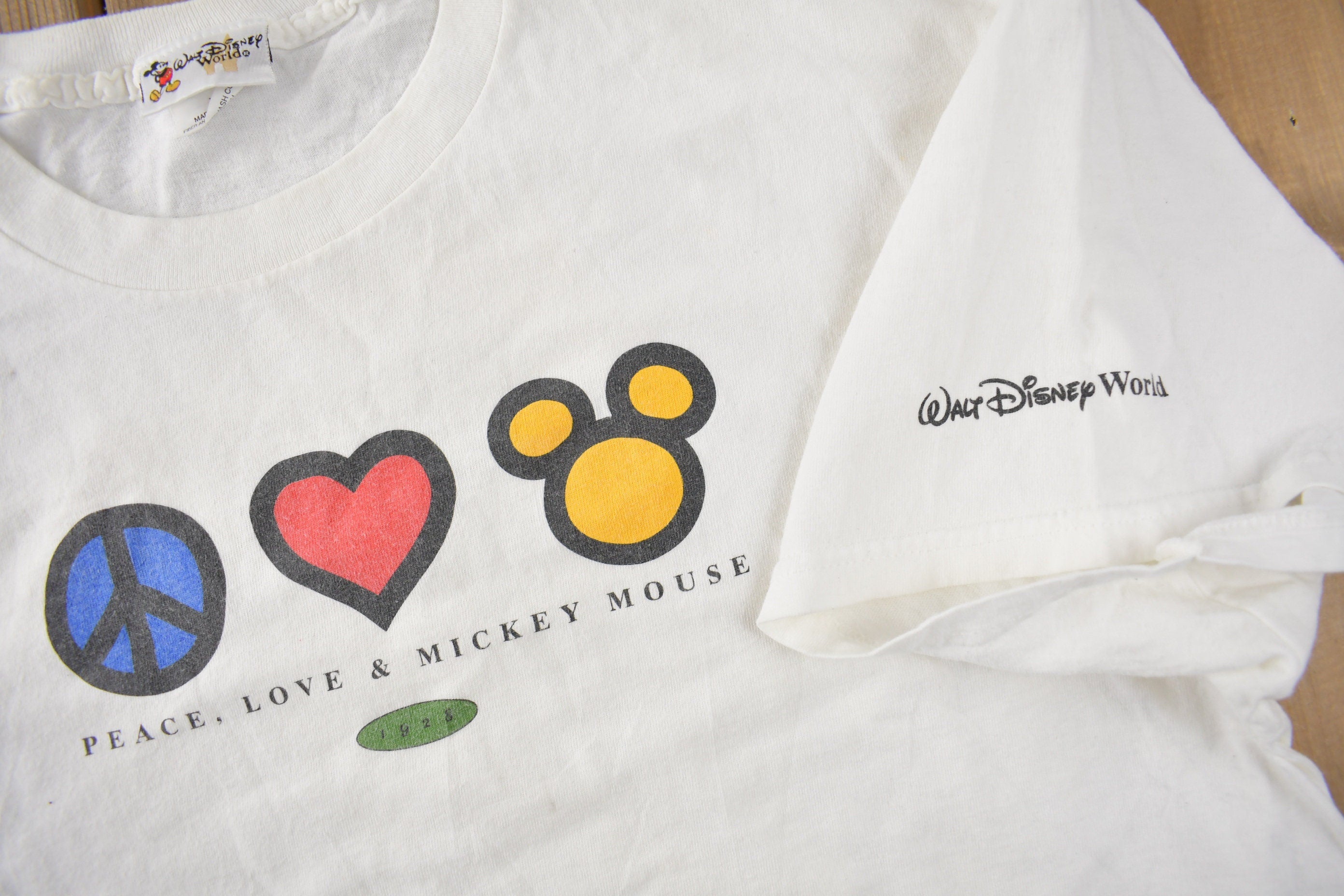 Vintage 1990s Disney Peace Love And Mickey Mouse Graphic T-Shirt Made In USA Size Xl