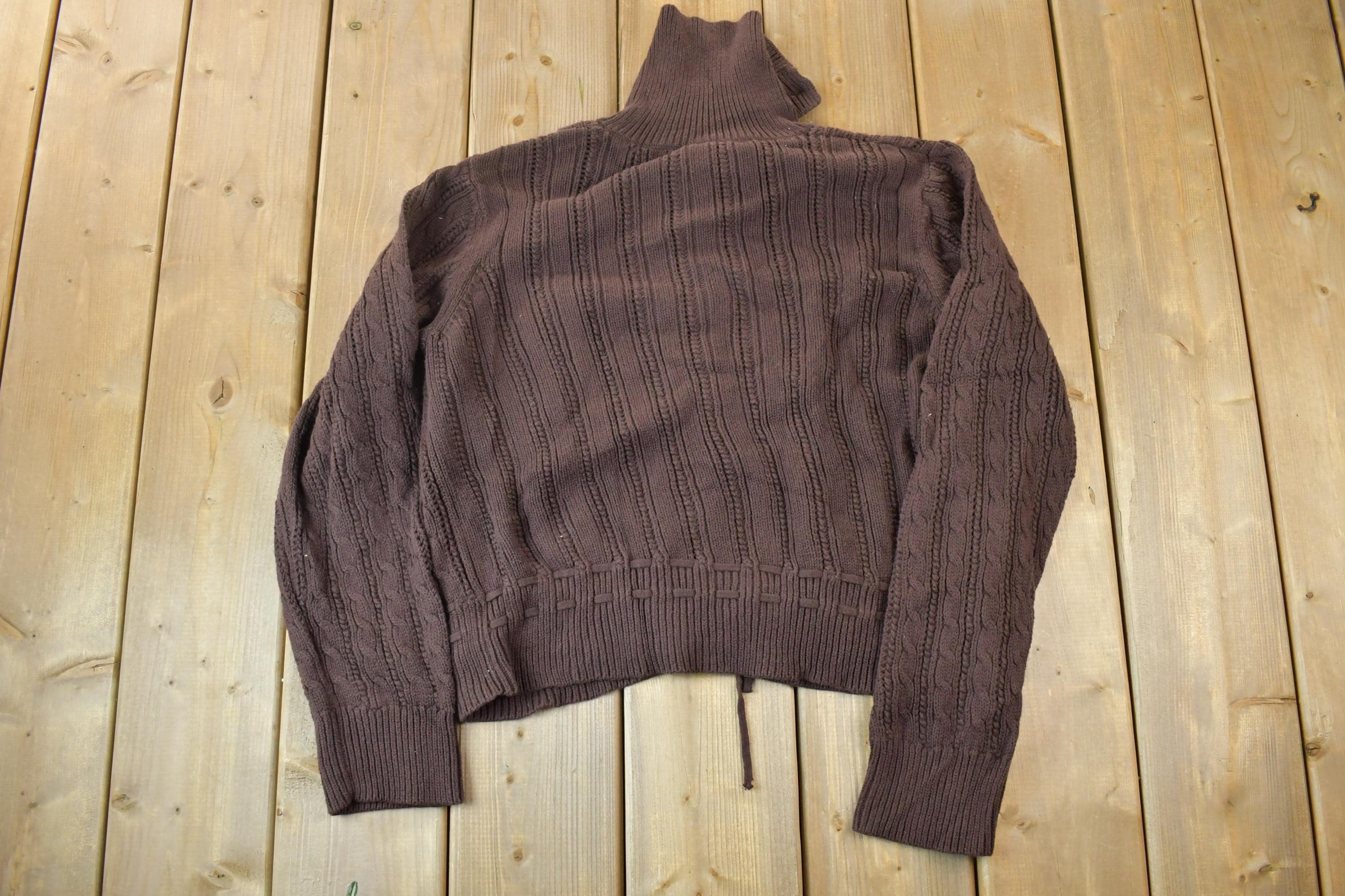 Vintage 1990s Brown Button Up Knit Cable Knit Turtleneck Sweater