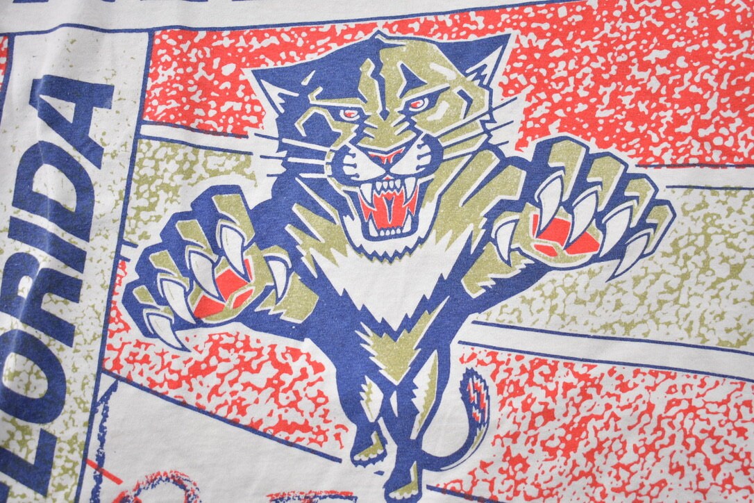 Vintage 1990s Florida Panthers All Over Print NHL Graphic Kids T-Shirt Made In Canada
