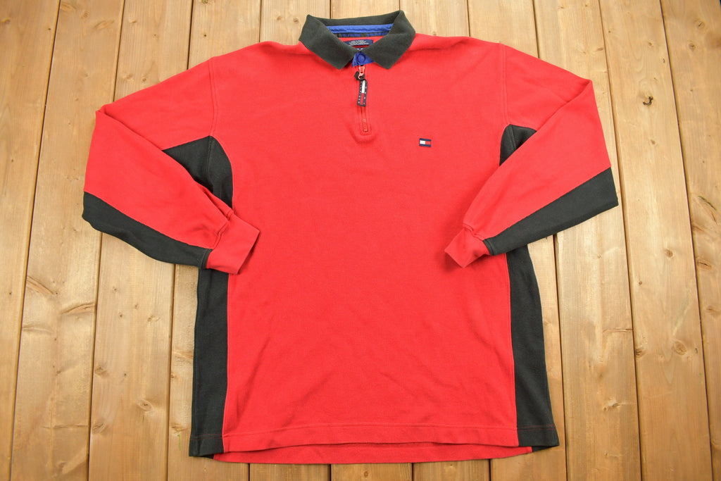 Vintage 1990s Tommy Hilfiger Collared Embroidered Quarter Zip Fleece Sweater