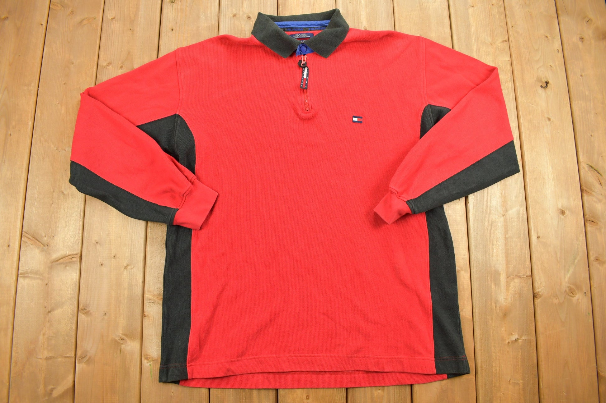 Vintage 1990s Tommy Hilfiger Collared Embroidered Quarter Zip Fleece Sweater