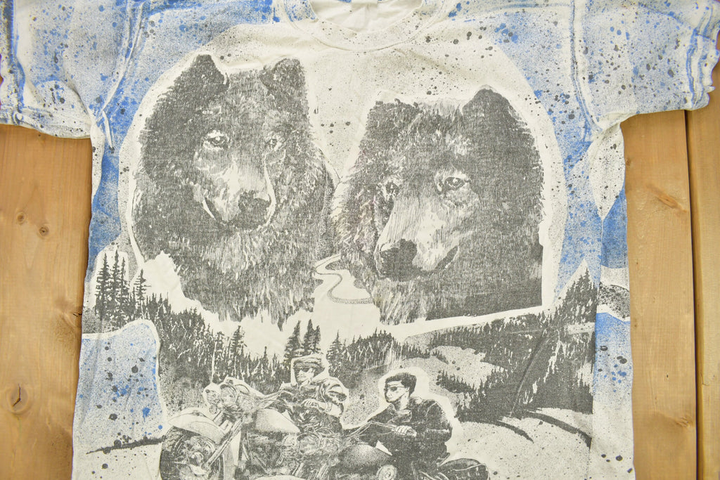 Vintage 1990s All over Print Motorcycle Wolf and Biker Graphic T-Shirt