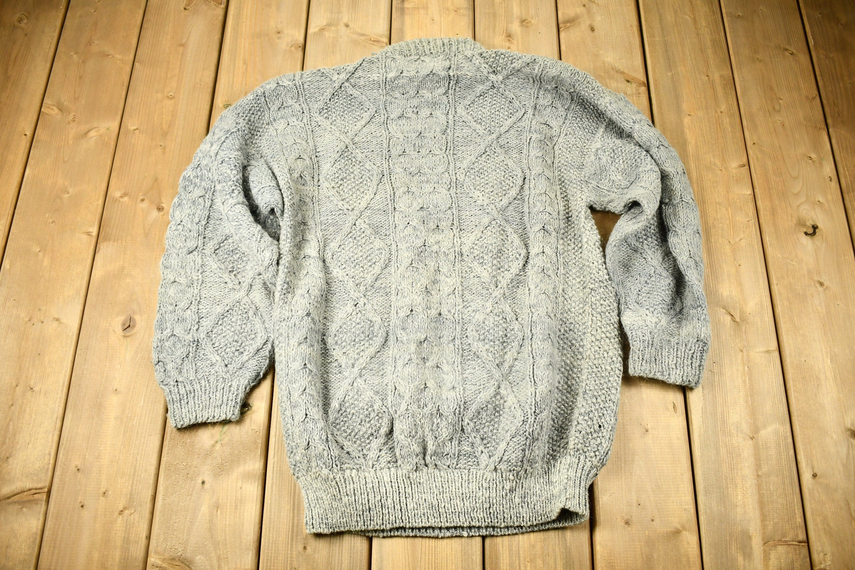 Vintage 1990s Hand Made Wool 3D Cable Knit Crewneck Sweater