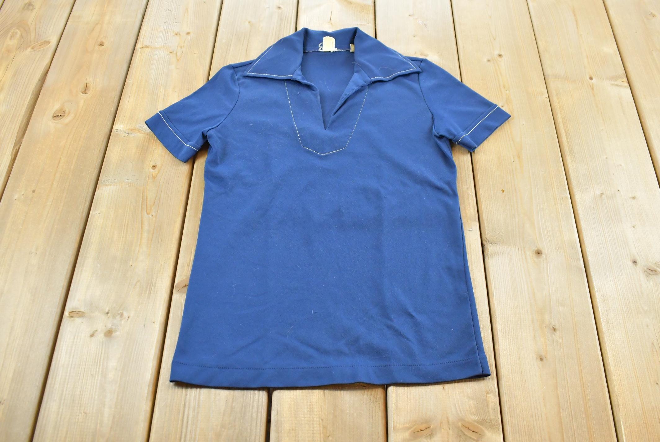 True Vintage 1970s Blank Blue Quarter Button Up Polo Shirt Women's S /