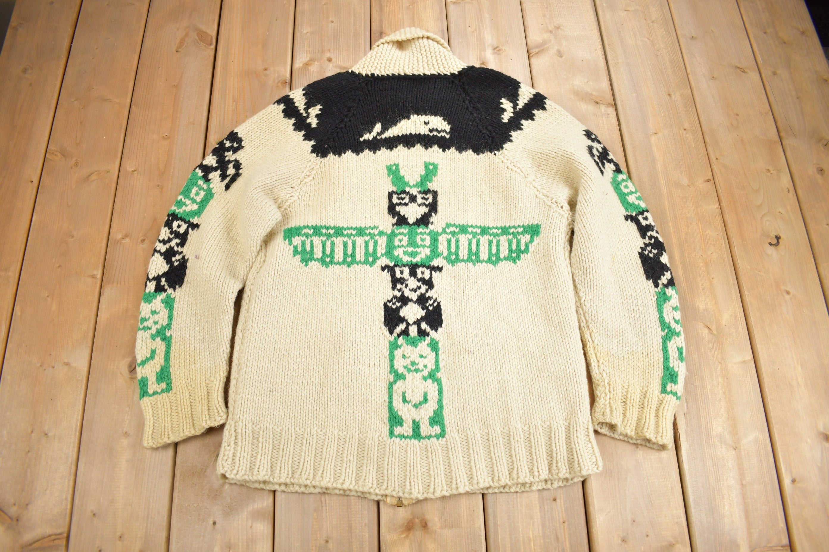 Vintage 1950s Hand-Knit Totem Pole Cowichan Sweater