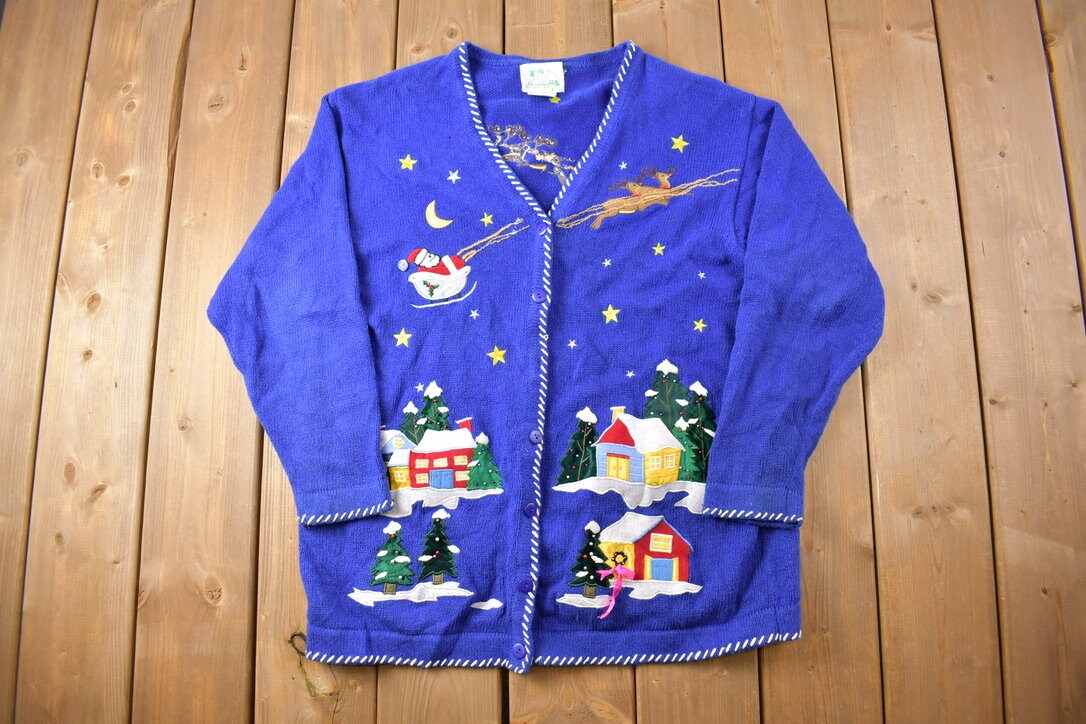 Vintage 1990s The Quacker Factory Christmas Theme Knit Cardigan  Vintage Cardigan  Button Up  Abstract Pattern  All Over Print