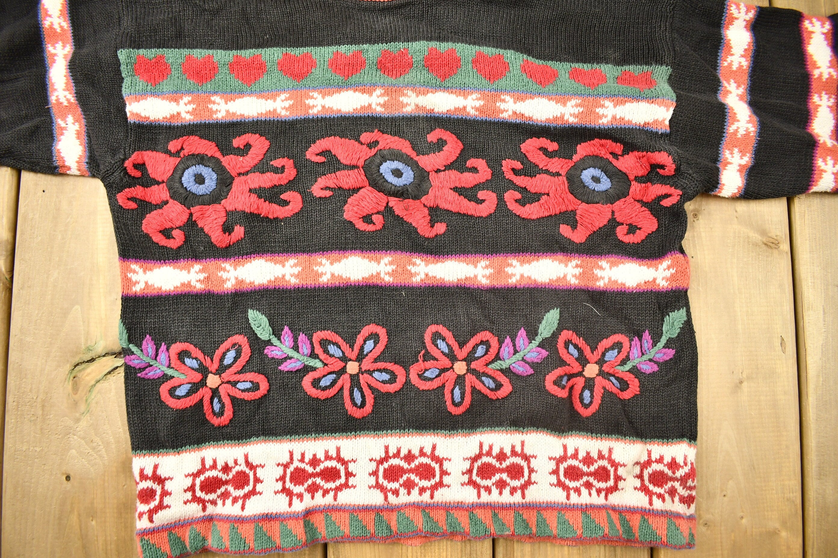 Vintage 1990s 62 East 3D Cable Knit Floral Sweater