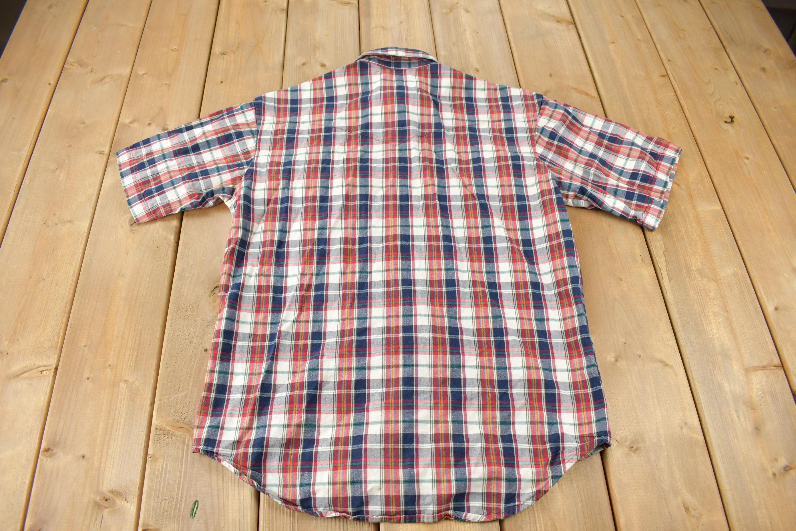 Vintage 1990s Wrangler Western Shirts Pearl Snap Short Sleeve Plaid Button Up Shirt Size M-L