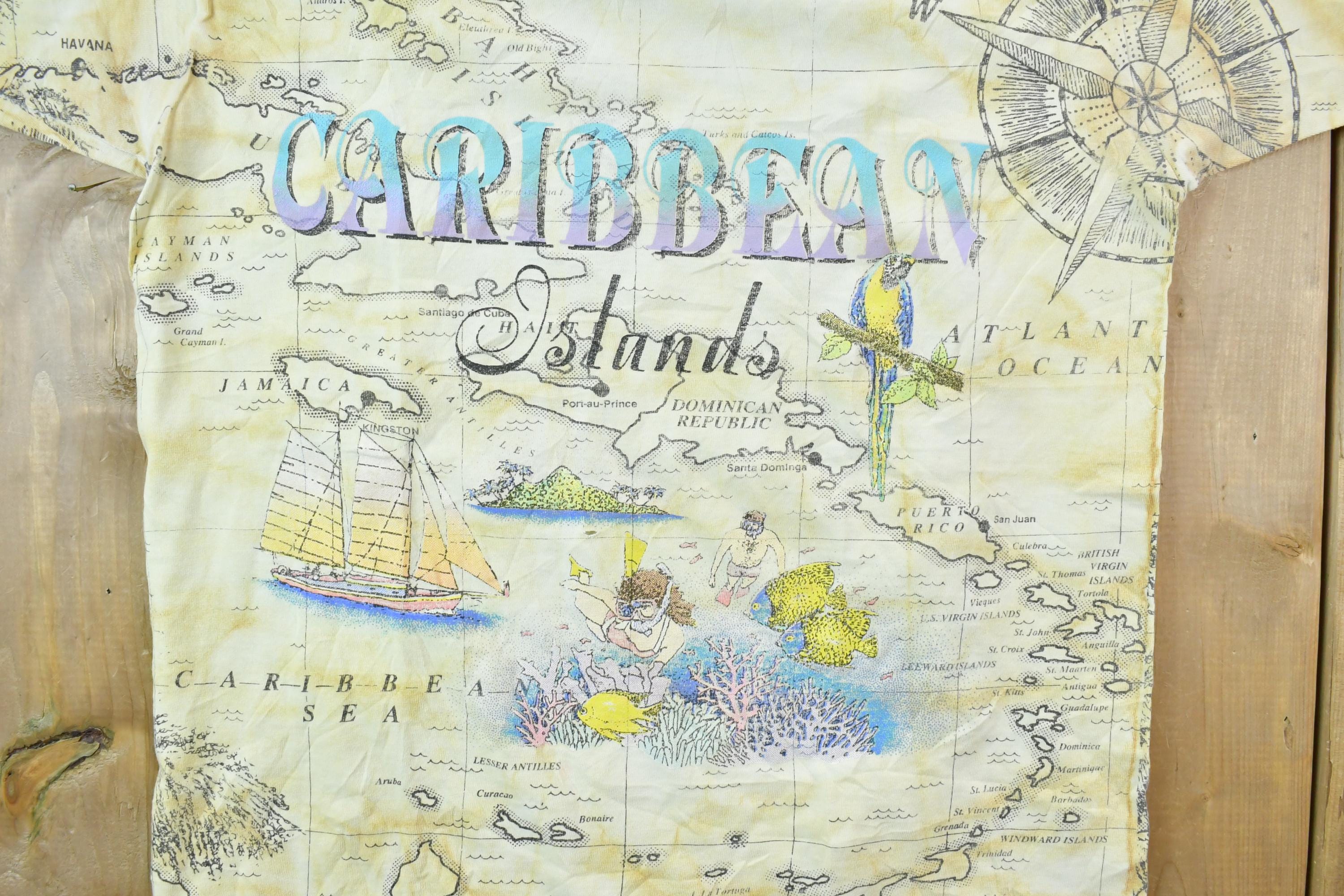 Vintage 1992 Caribbean Islands All Over Print Sneaky Tees Souvenir T-Shirt