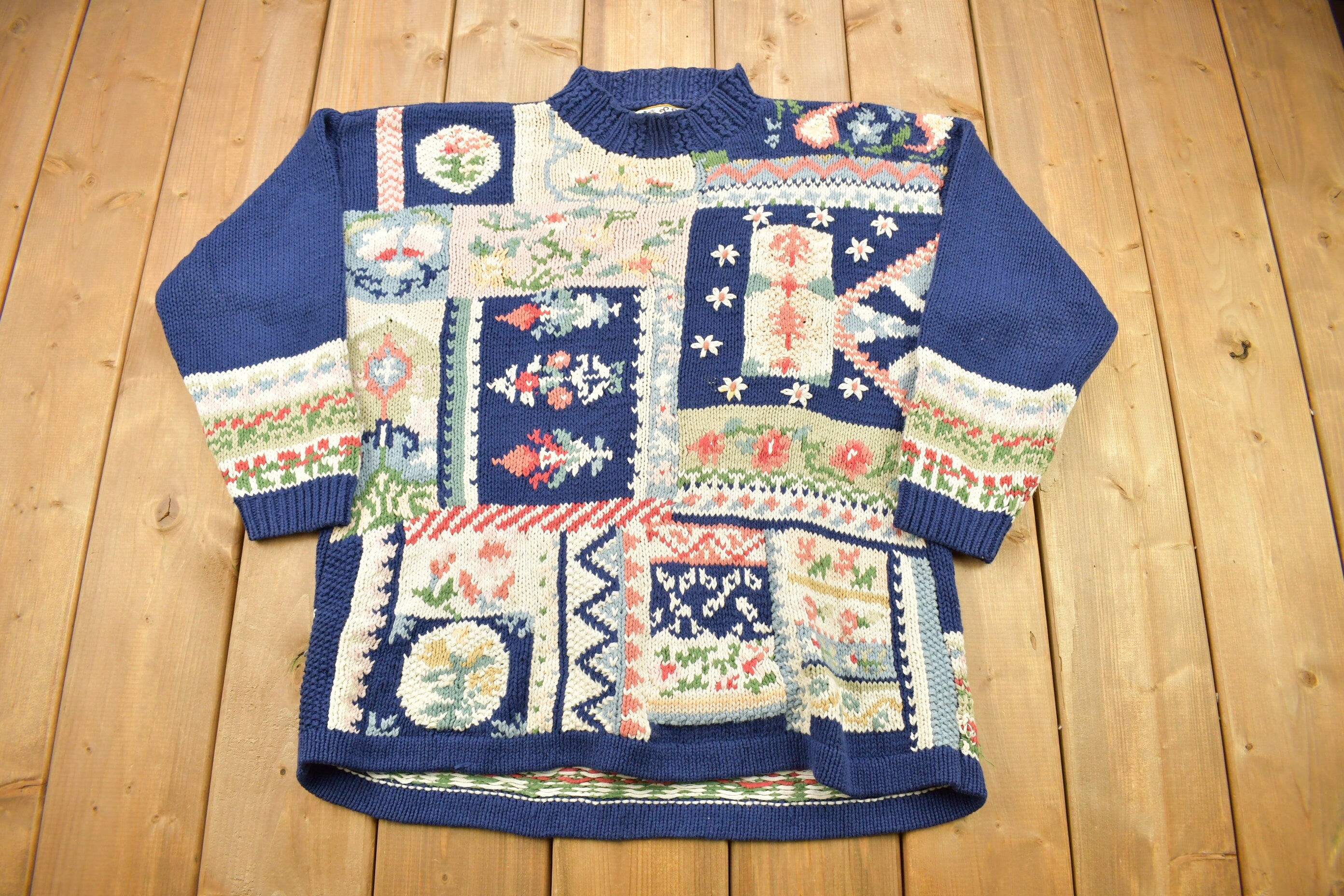 Vintage 1990s Heirloom Collectibles Patchwork Knitted Sweater