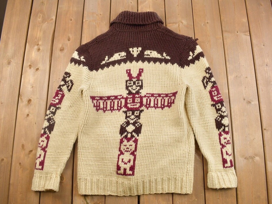 Vintage 1960s Totem Pole Cowichan Knit Cardigan Sweater