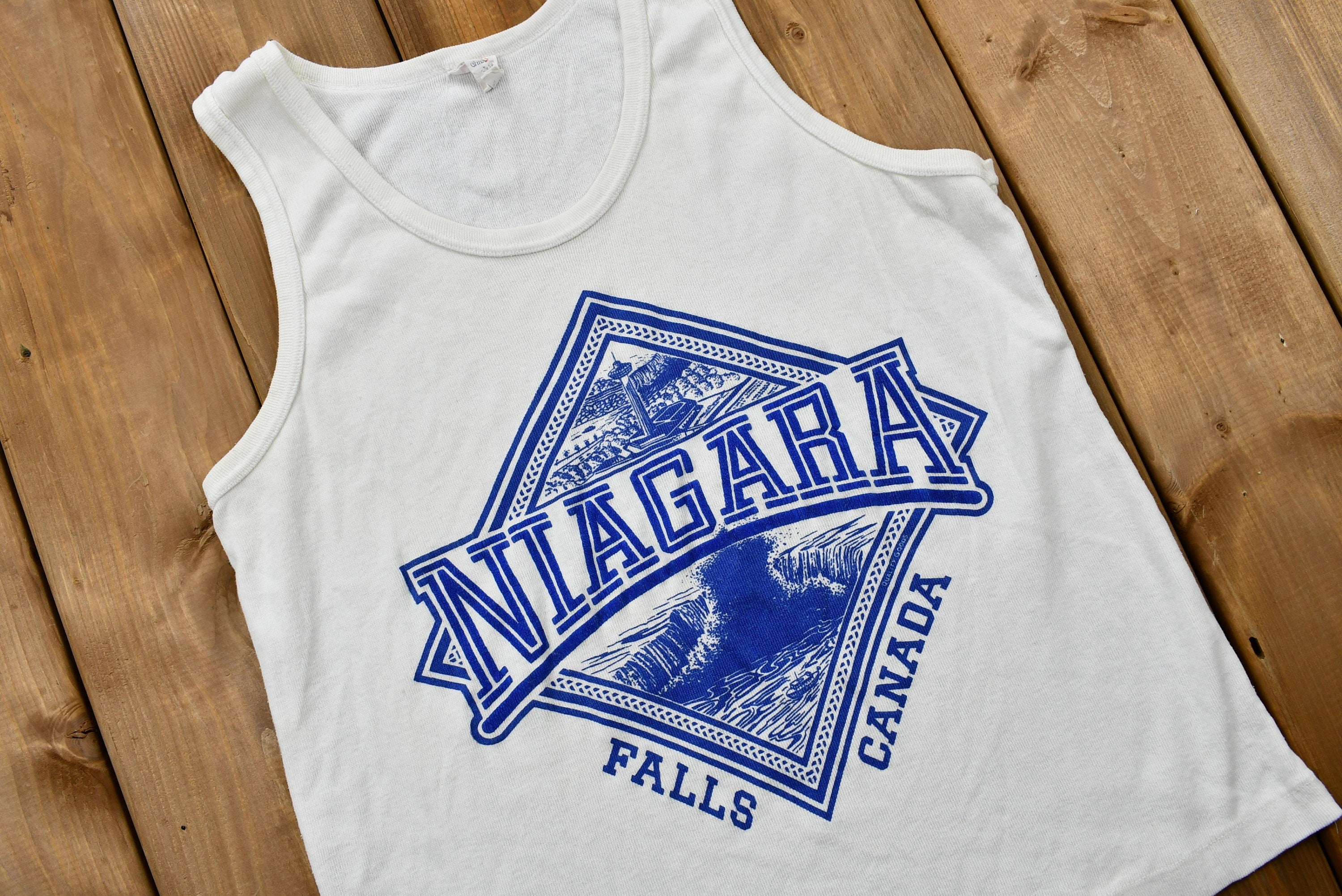 Vintage Early 1990s White and Blue Niagara Falls Canada Tank Top