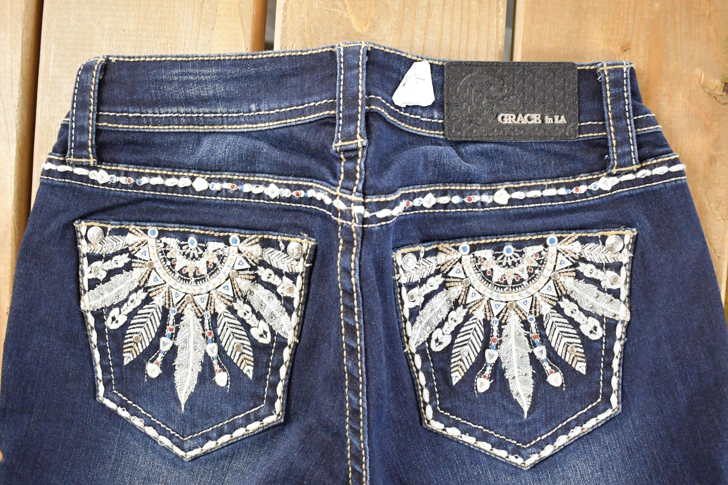 Vintage Deadstock Y2K Grace In LA Bedazzled Bootcut Low Rise Jeans Women's Size 26 x 31