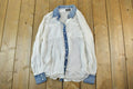 Women Vintage DD Paris Y2K Denim Button Up Shirt / Vigoss Grunge Skull Print / Contrast Stitch / Internet Famous Clothing / Over Dyed