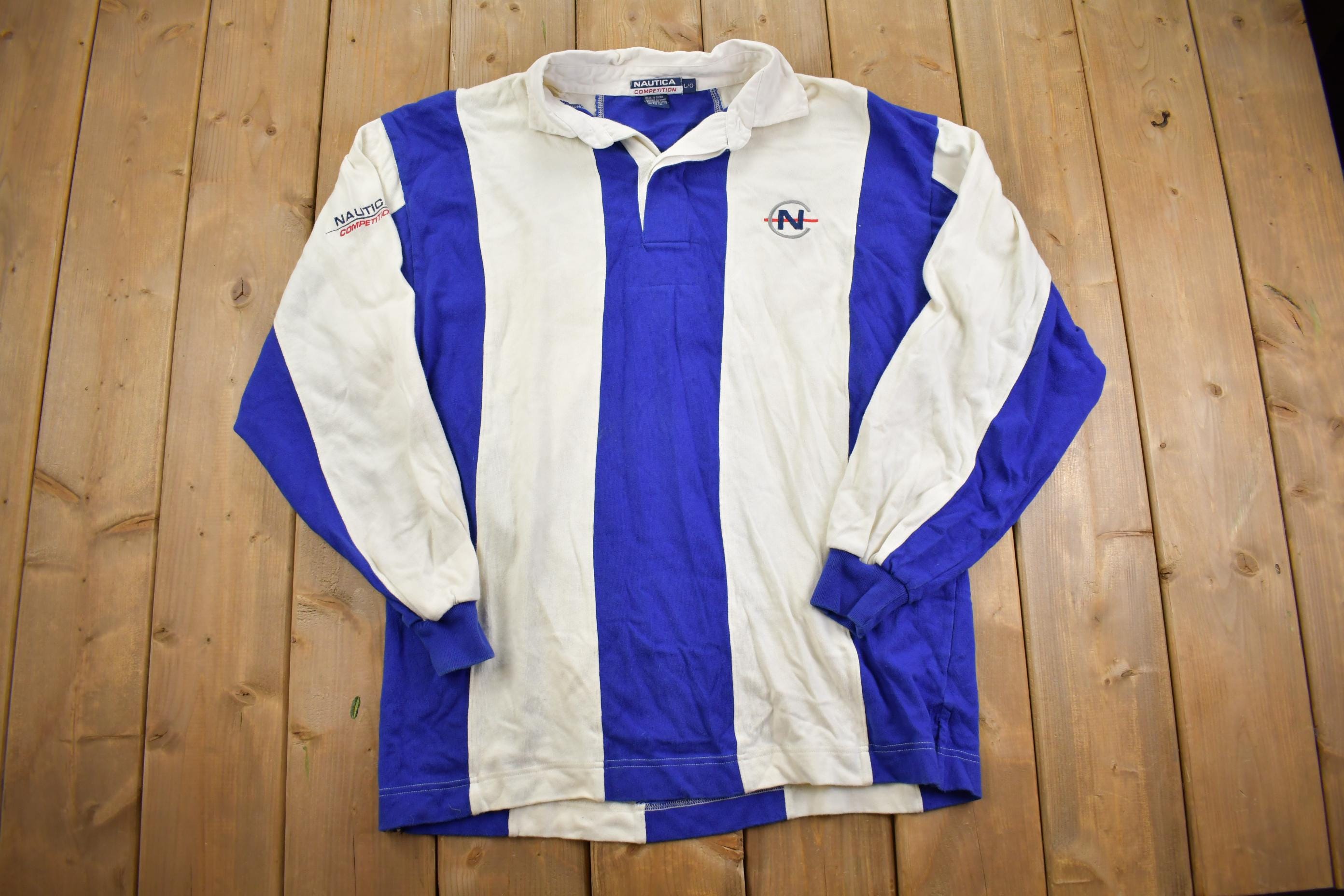 Vintage 1990s Nautica Competition Striped Rugby Shirt Crewneck Sweatshirt - Large