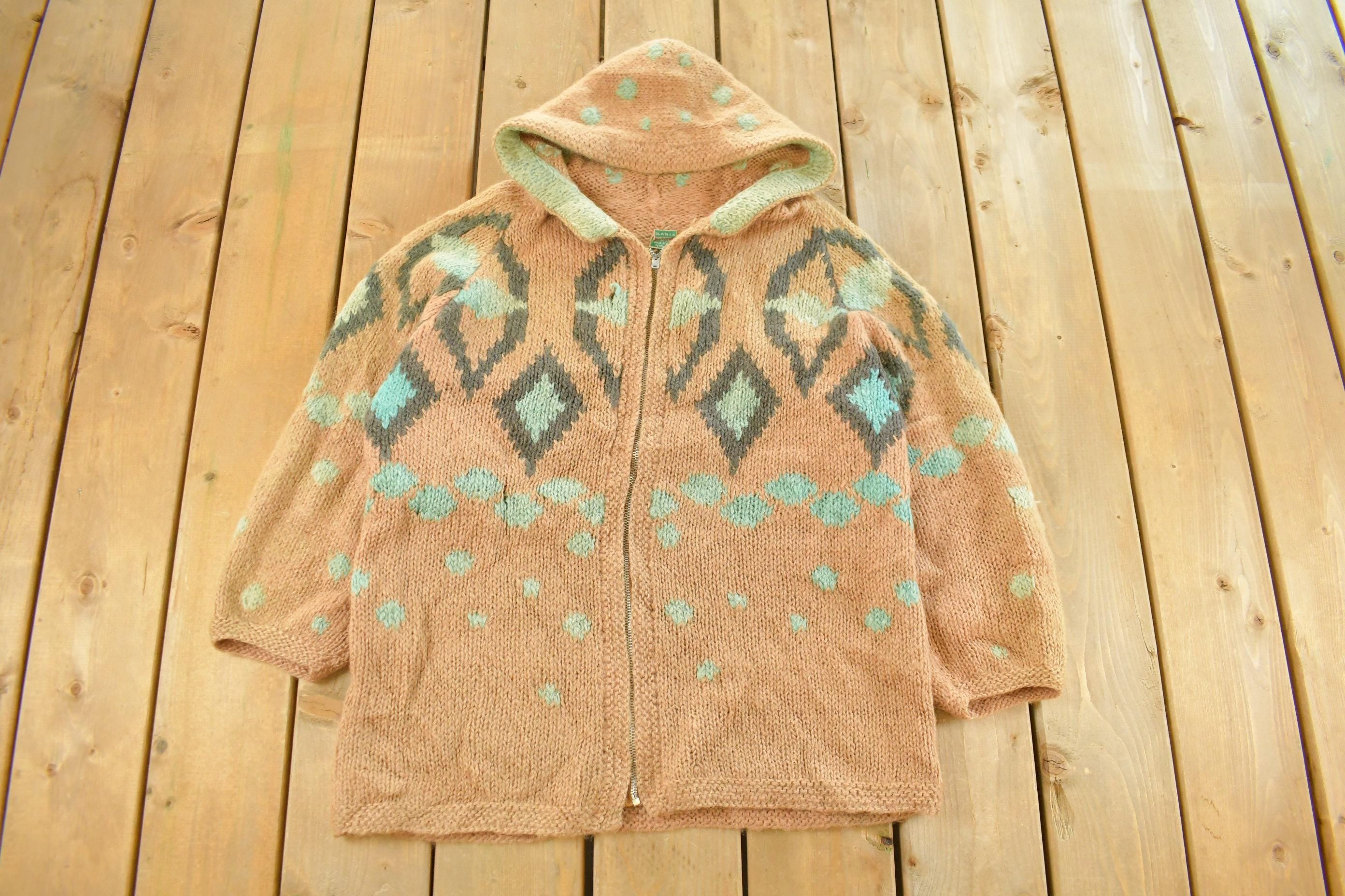 Vintage 1980s Laria Hand Knit Wool Full Zip Hooded Sweater Men's Medium