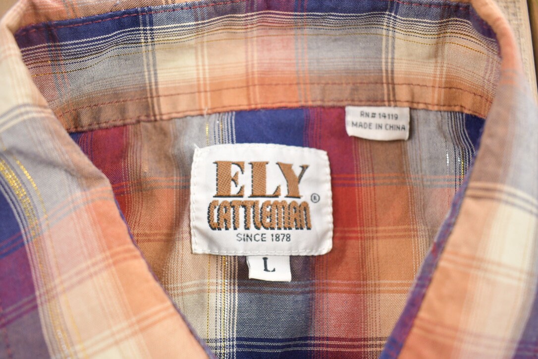 Vintage 1990s Ely Cattleman Shiny Double Pocket Plaid Button Up Shirt