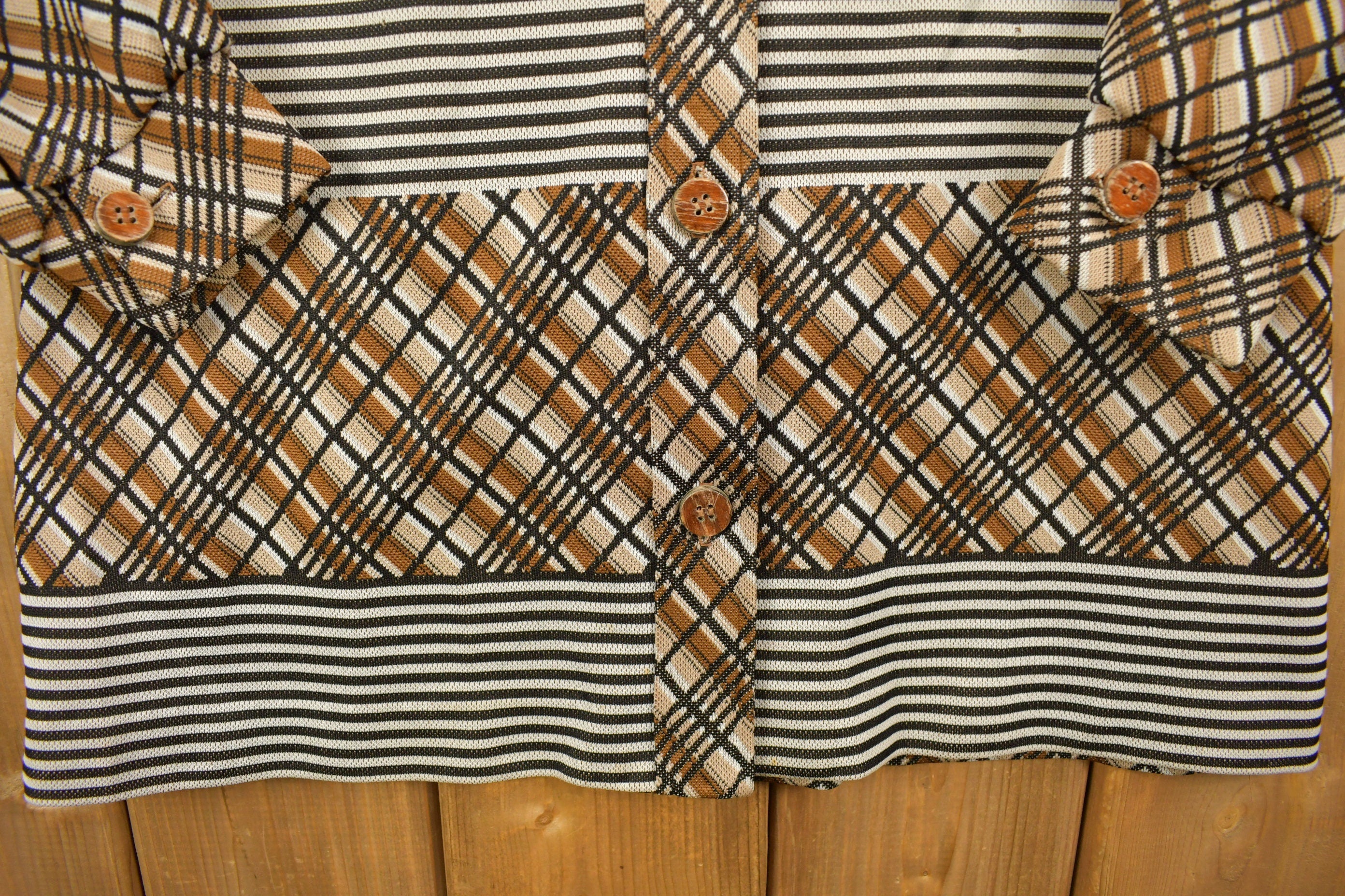 Vintage 1960s Plaid Striped Button Up Polyester Shirt