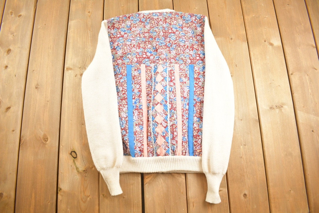 Vintage 1990s Knitted Sleeve Floral Patchwork Bomber Style Cardigan Sweater / Vintage Cardigan / Button Up / Abstract Pattern