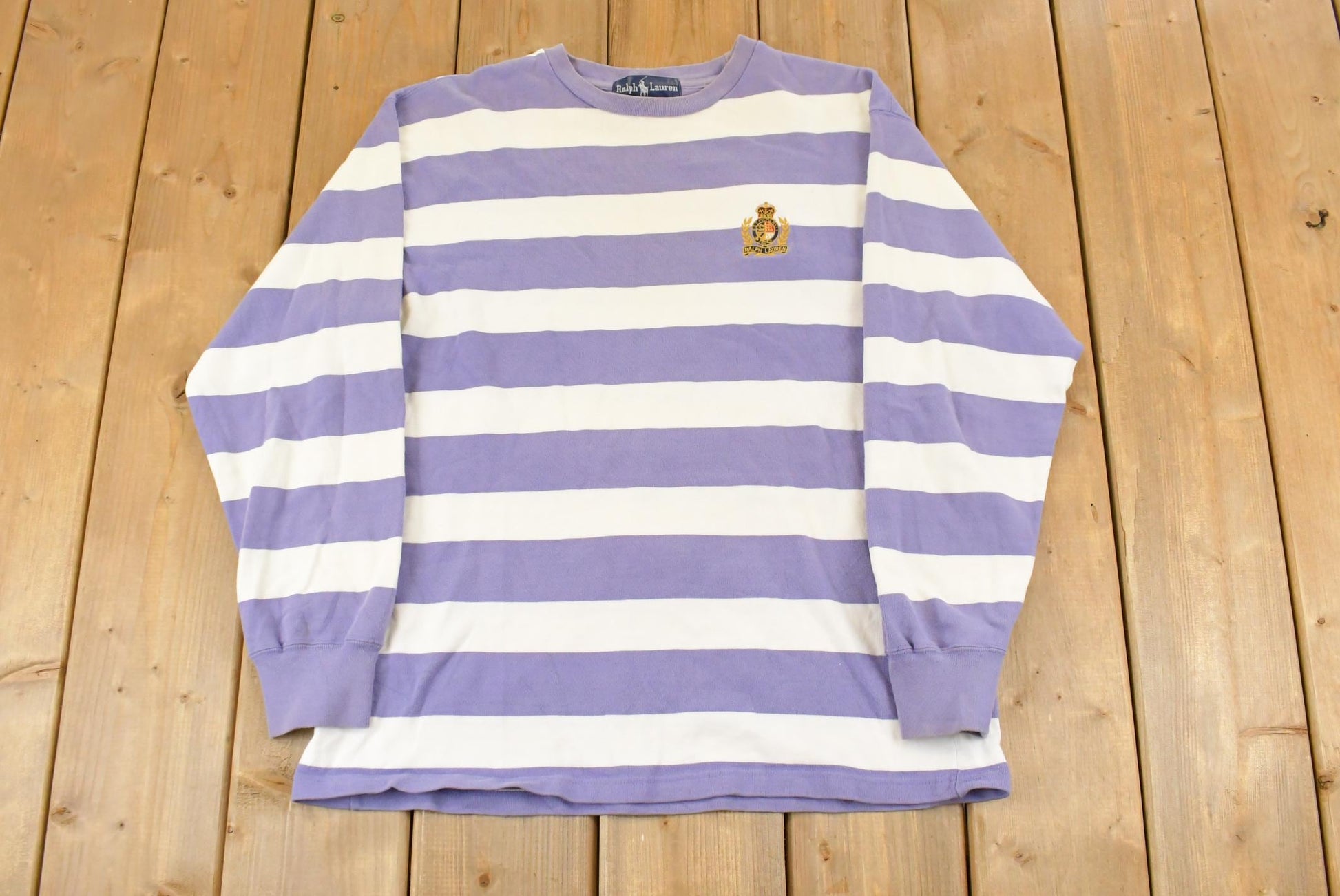Vintage 1980's Polo Ralph Lauren Striped Crown Crest Crewneck Sweatshirt Men's Medium / Small Pony Embroidered / 80s Ralph Lauren