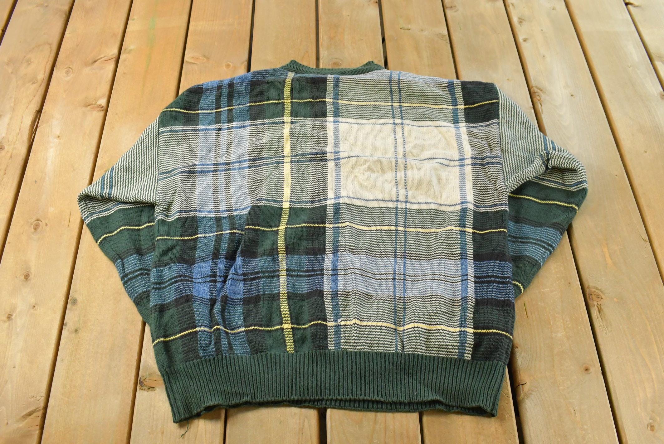 Vintage 1990s Nautica Color Block Plaid Knitted Crewneck Sweater Mens L / Vintage 90s Crewneck / All Over Pattern / Made in Hong Kong