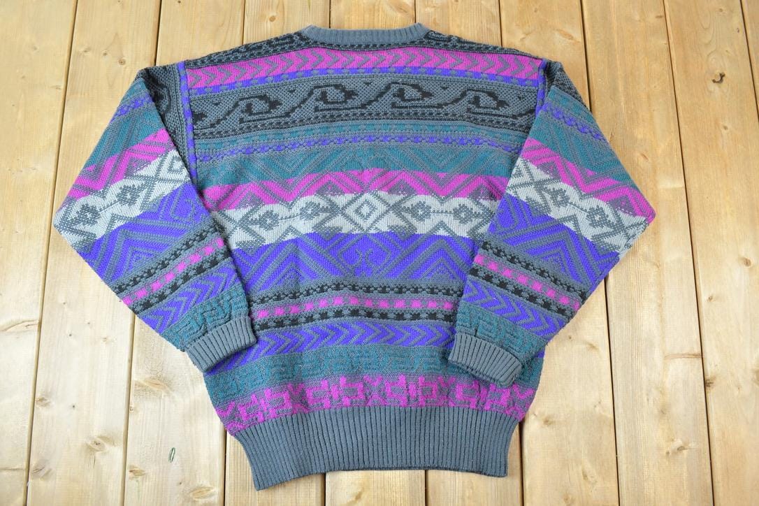 Vintage 1980s Meister Knit Abstract Pattern Crewneck Sweater  90s Crewneck  Preppy Knits  Wool Blend  Cotton Blend