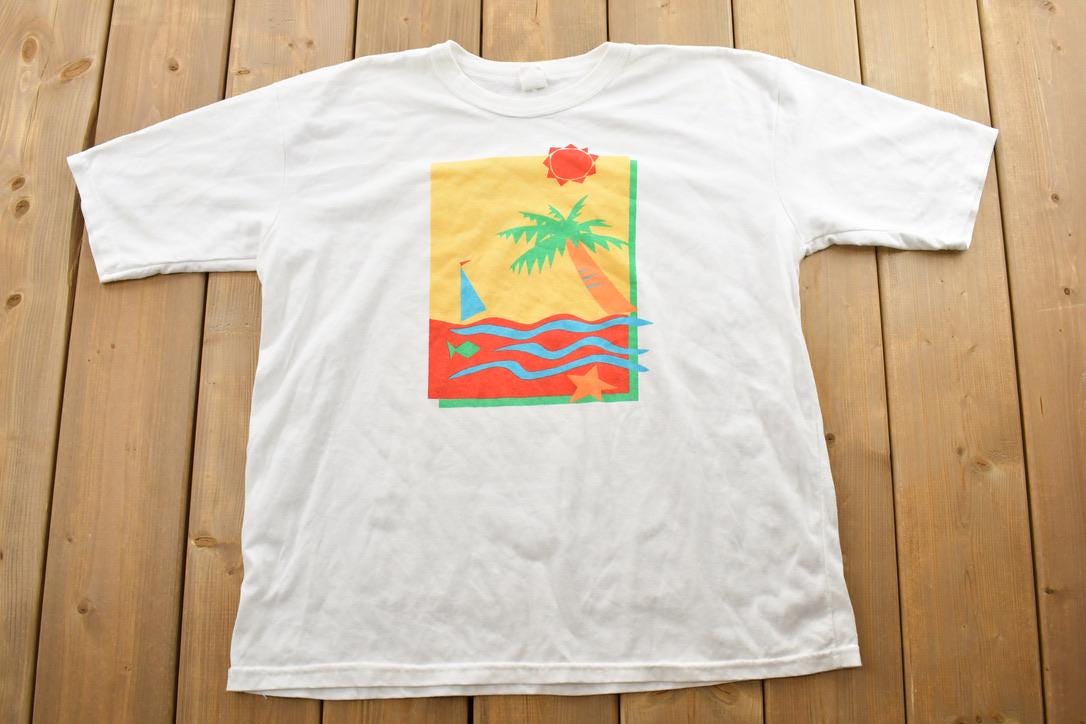 Vintage 1990s Sailboat And Palm Trees Souvenir T-Shirt