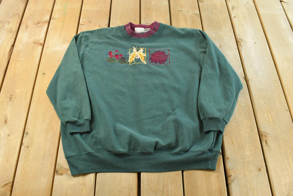 Vintage 1990s Bobbie Brooks Double Collar Embroidered Plants Cute Crewneck Sweater Mens