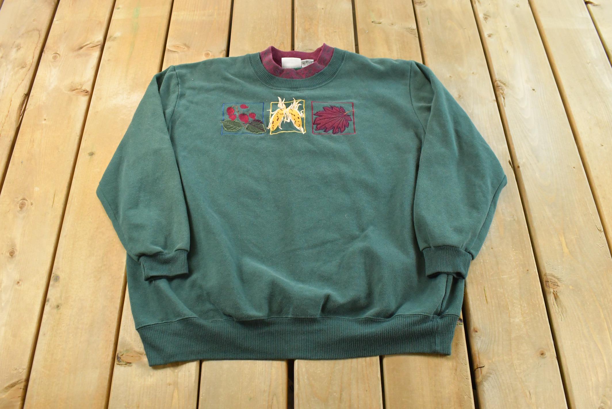 Vintage 1990s Bobbie Brooks Double Collar Embroidered Plants Cute Crewneck Sweater Mens