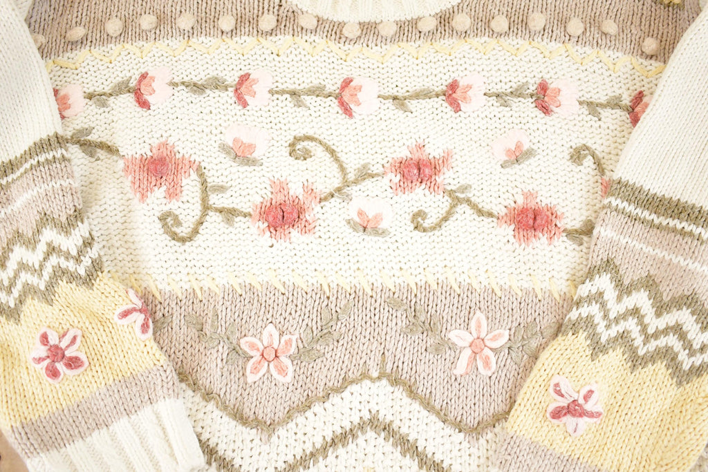 Vintage 1990s BP Design Floral Chunky Knit Crewneck Sweater Womens M /