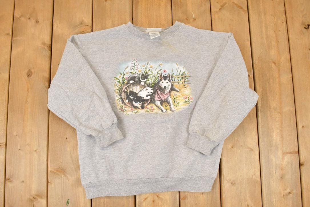 Vintage 1990s Basic Editions Husky Kitty Floral Graphic Print Crewneck Sweatshirt Womens L / 90's Destination Sweater