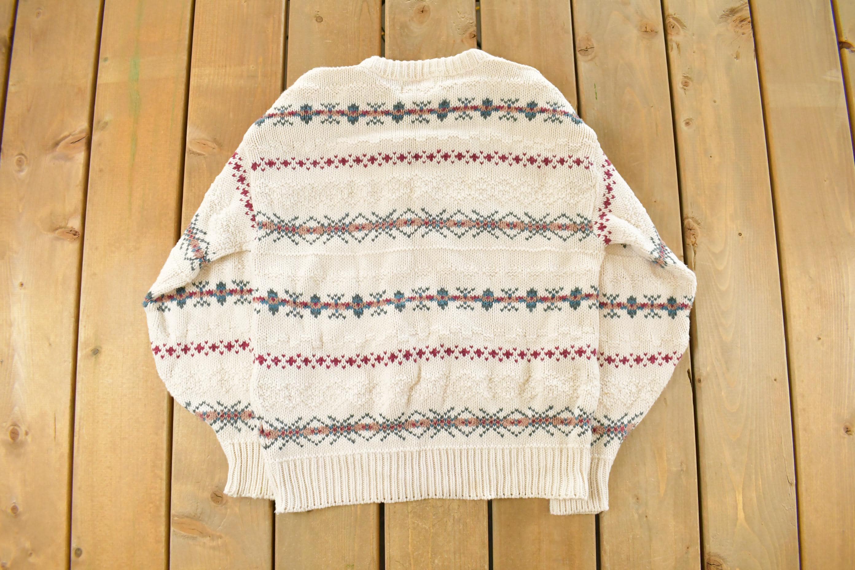 Vintage 1990s Isle of Cotton Abstract Knit Crewneck Sweater Women's Medium