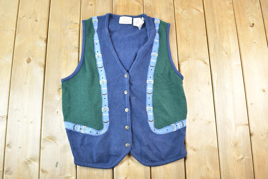 Vintage 90s Embroidered Knit Cardigan Vest: Buckle Detail