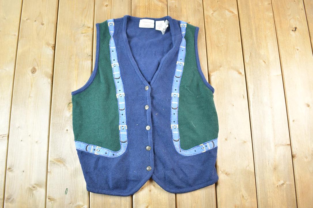 Vintage 90s Embroidered Knit Cardigan Vest: Buckle Detail