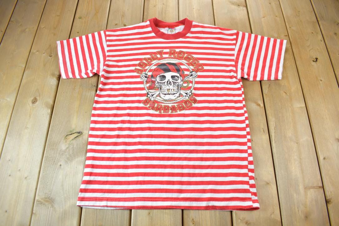 Vintage 1990s Jolly Roger Barbados Striped Souvenir Travel T-Shirt